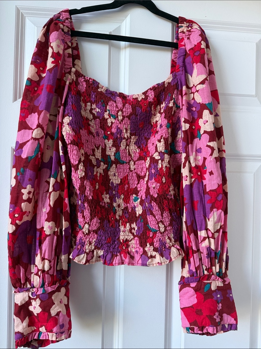 Free People Floral Smocked Puff-Sleeve Crop Top - Pink/Red/Purple